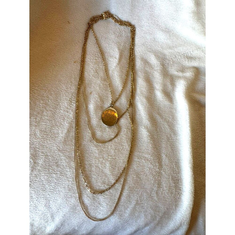 Gold Tone Multi Strand Layered Necklace Floral Oval Photo Locket Ornate Clasp